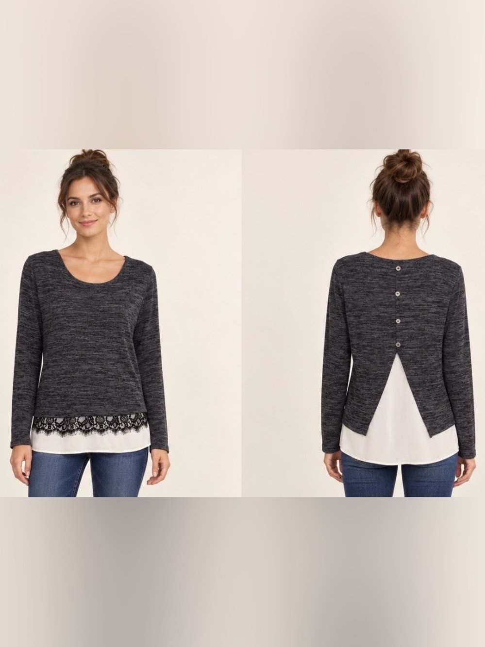 Maurices Charcoal Gray Layered Hem Sweater with White & Black Lace